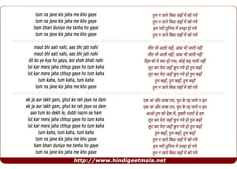 lyrics of song Tum Na Jane Kis Jahan Mein Kho Gaye