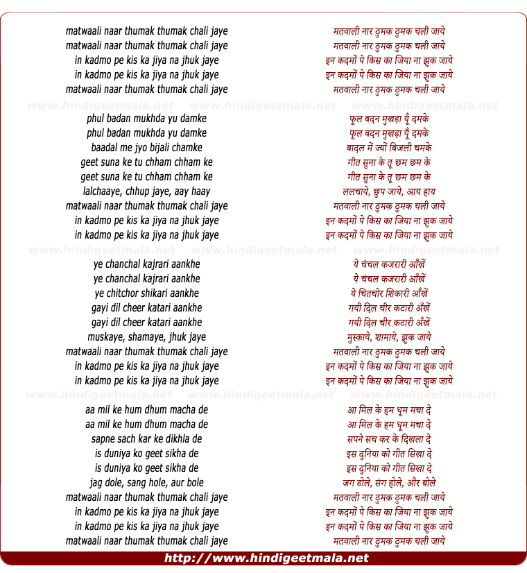 lyrics of song Matwali Naar Thumak Thumak Chali Jaye