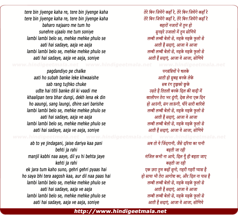 lyrics of song Aaja Ve Aaja Soniye, Tere Bin Jiyenge Kaha Re