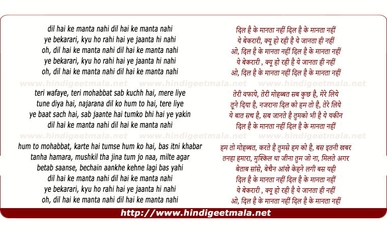 lyrics of song Dil Hai Ke Manta Nahin (Duet)