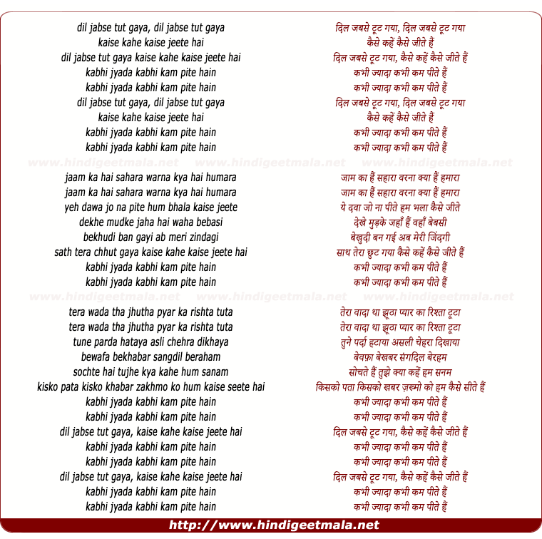 lyrics of song Dil Jabse Tut Gaya, Kaise Kahe Kaise Jite Hai