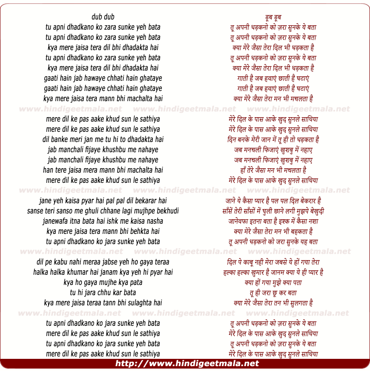 lyrics of song Dub Dub, Tu Apni Dhadkano Ko Zara Sunke Ye Bata