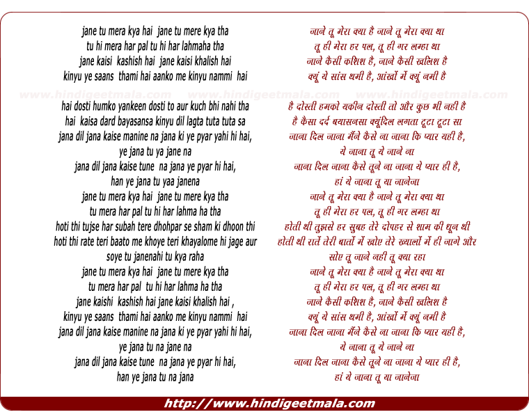 lyrics of song Jane Tu Mera Kya Hai (Aditi)