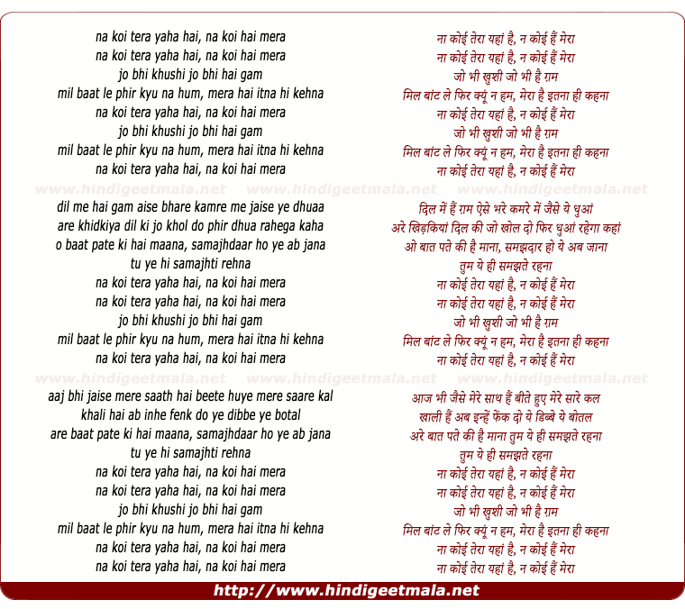 lyrics of song Na Koi Tera Yaha Hai