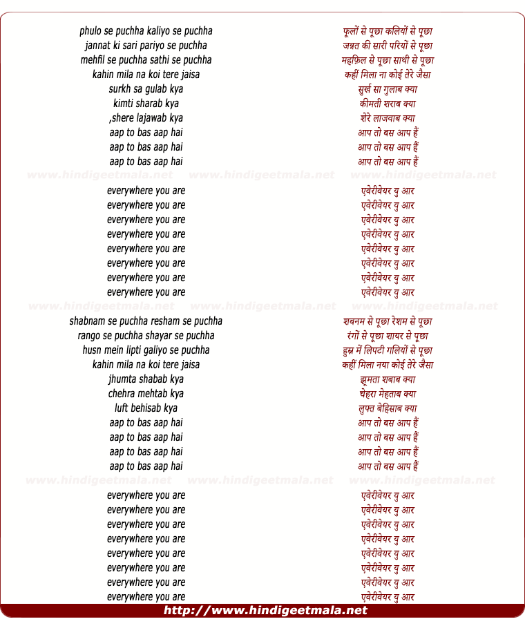 lyrics of song Phulon Se Puchha Kaliyon Se Puchha