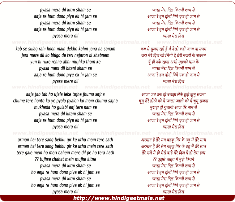 lyrics of song Pyaasa Mera Dil Kitani Shaam Se