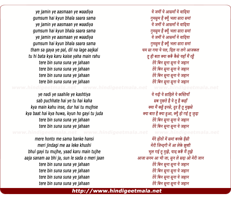 lyrics of song Tere Bin Suna Suna Yeh Jahaan