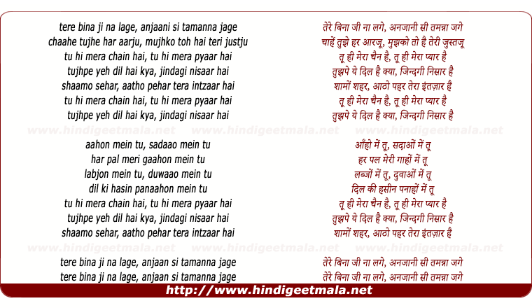 lyrics of song Tere Bina Ji Na Lage