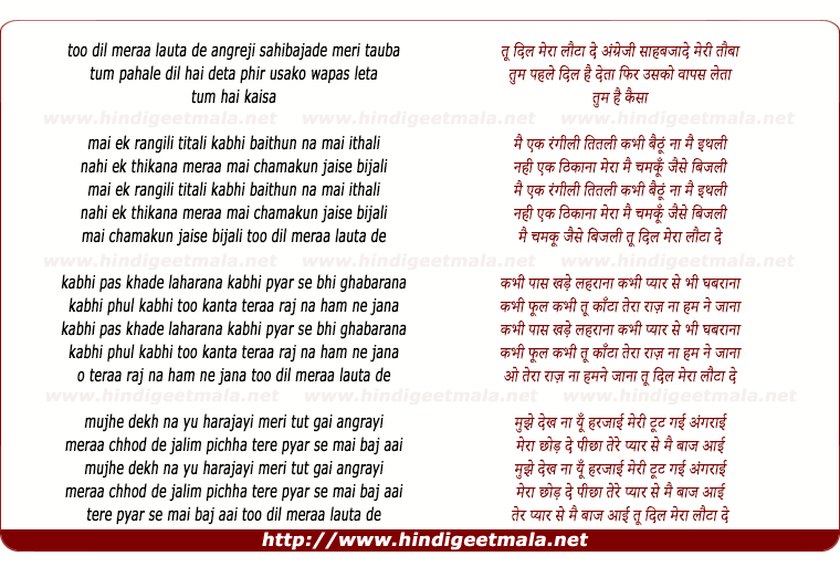 lyrics of song Too Dil Meraa Lauta De