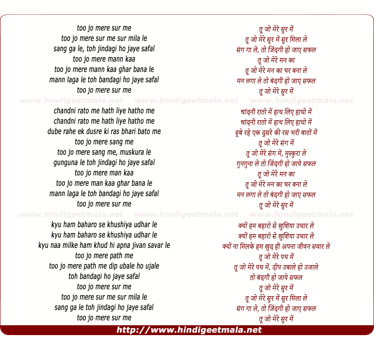 lyrics of song Tu Jo Mere Sur Me Sur Mila Le