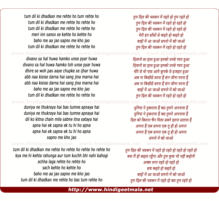 lyrics of song Tum Dil Kee Dhadkan Me Rehte Ho