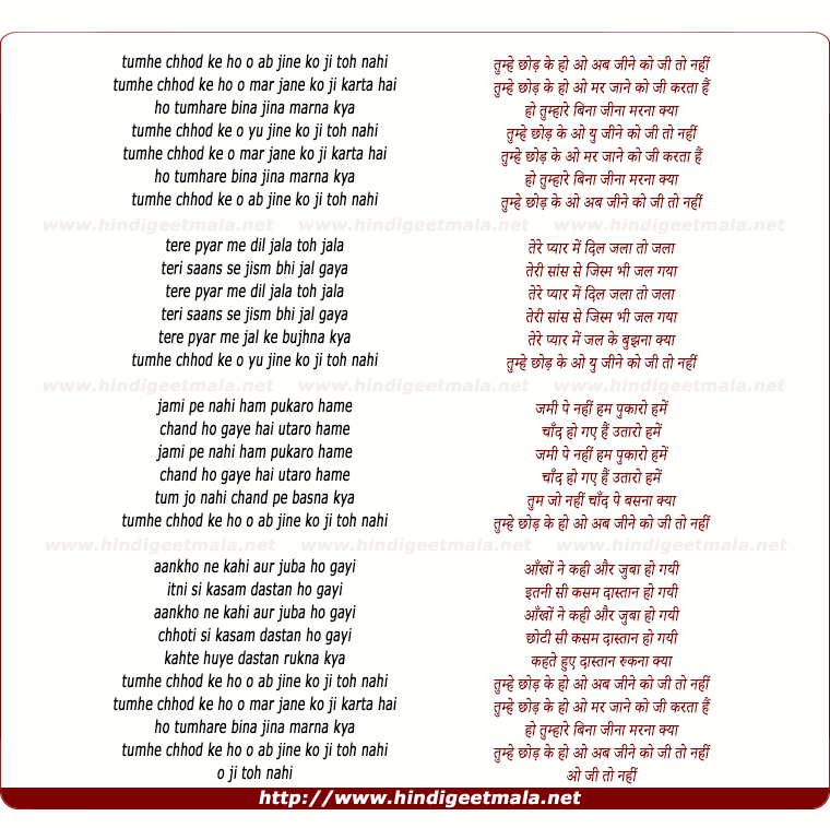 lyrics of song Tumhe Chhod Ke Ab Jine Ko Jee To Nahee