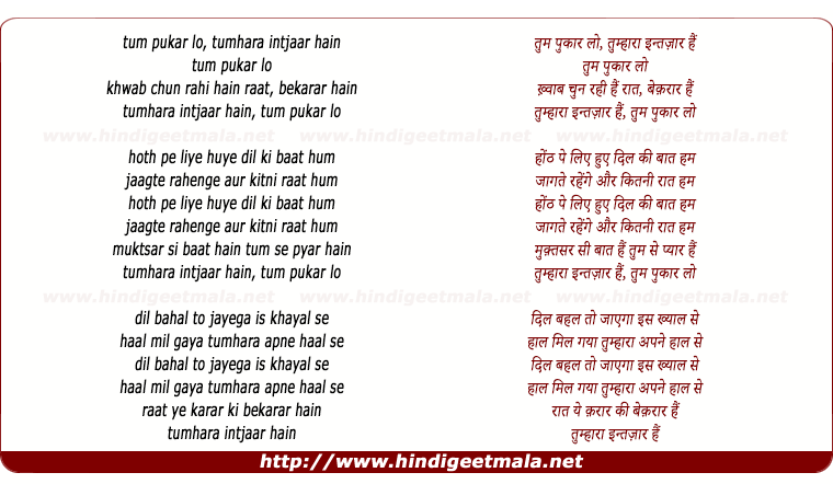 lyrics of song Tum Pukaar Lo, Tumhara Intazaar Hai