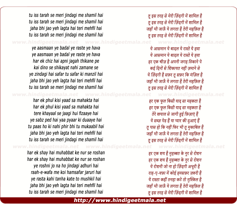 lyrics of song Tu Is Tarah Se Meri Zindagi Me Shaamil Hai (By Hemlata)