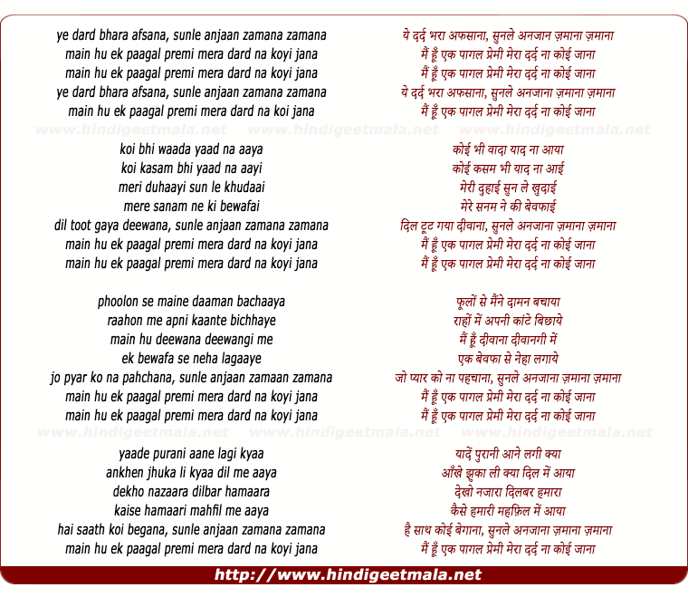 lyrics of song Main Hun Ek Paagal Premi Mera Dard Na Koi Jaana