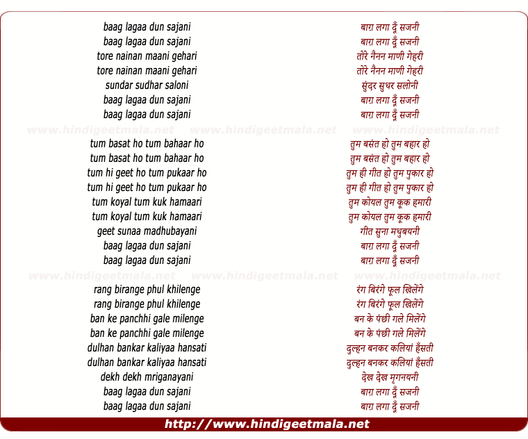 lyrics of song Baag Lagaa Dun Sajani