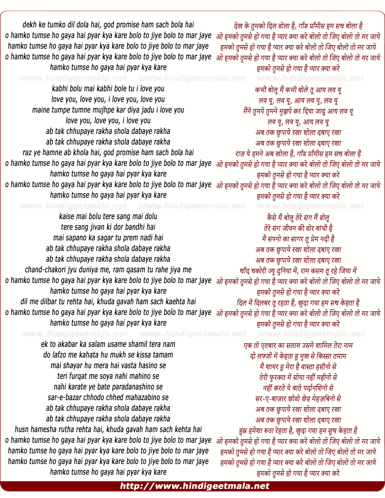 lyrics of song O Humko Tumse Ho Gaya Hai Pyaar