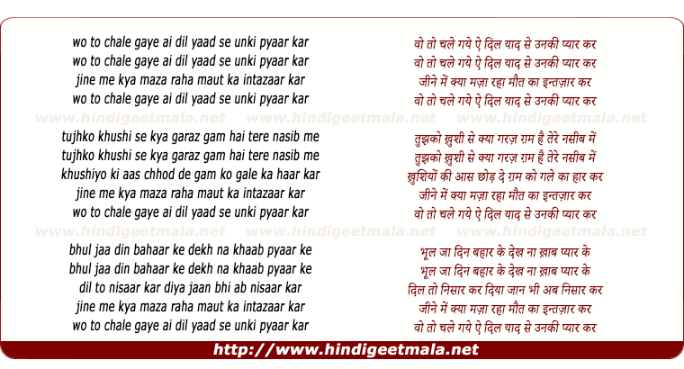 lyrics of song Wo To Chale Gaye Ai Dil Yaad Se Unaki Pyaar Kar