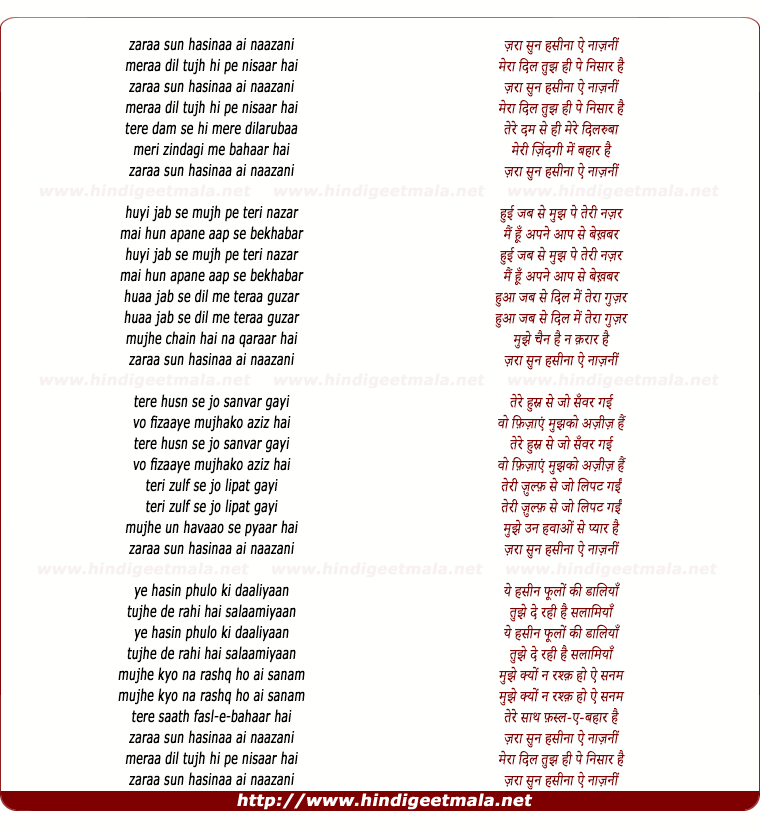 lyrics of song Zaraa Sun Hasinaa Ai Naazanin