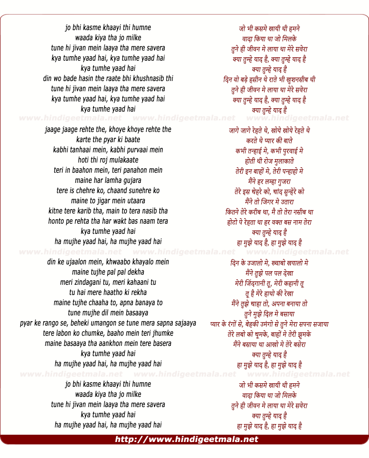 lyrics of song Jo Bhi Kasme Khai Thi Humne