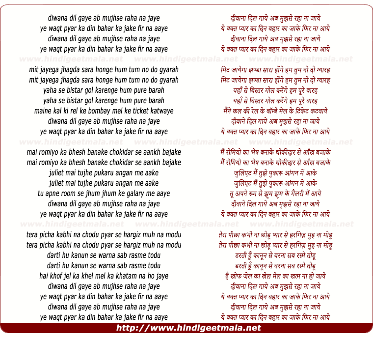 lyrics of song Diwana Dil Gaye, Ab Mujhse Raha Na Jaye