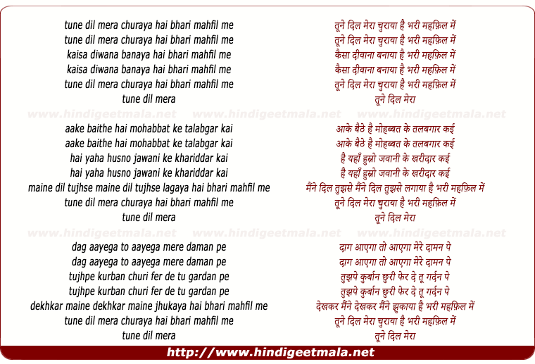 lyrics of song Tune Dil Meraa Churaya Hai Bhari Mehfil Me