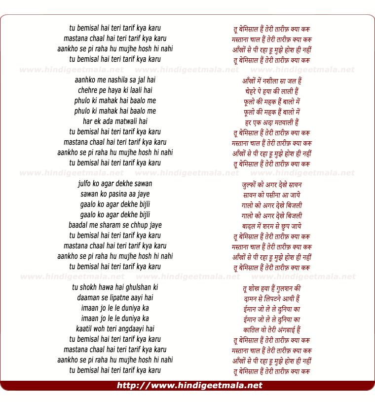 lyrics of song Tu Bemisal Hai Teri Taarif Kya Karu