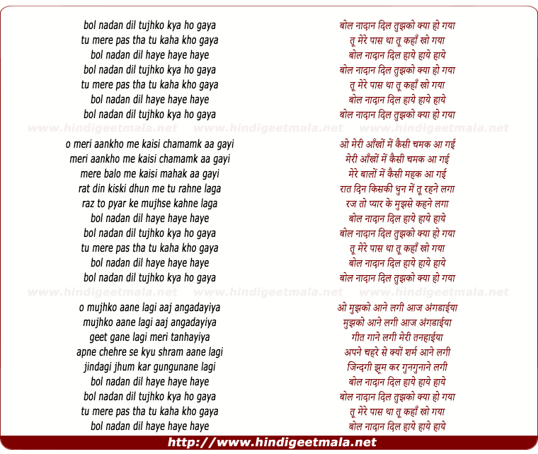 lyrics of song Bol Nadan Dil Tujhko Kya Ho Gaya