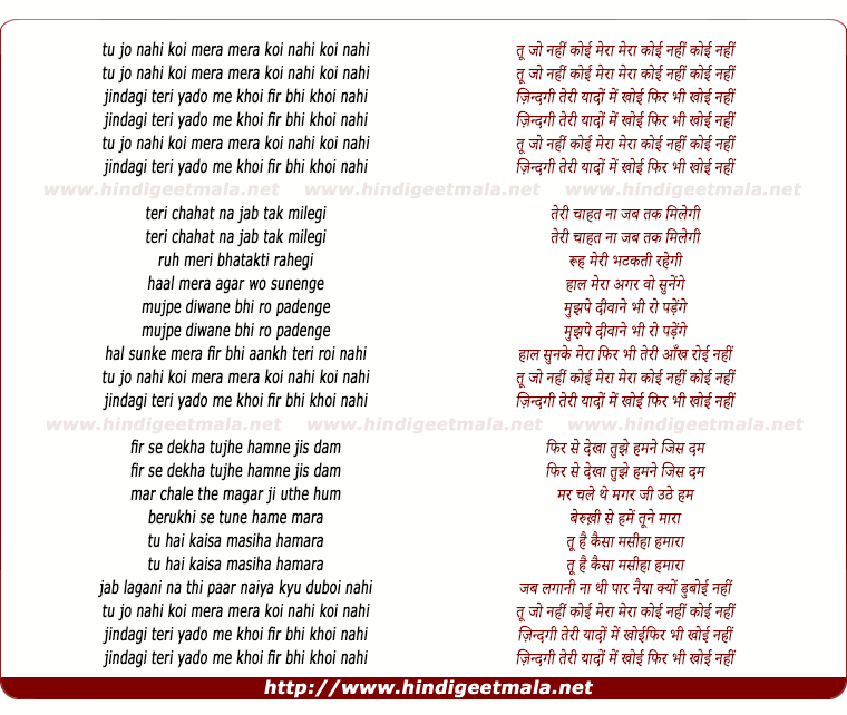 lyrics of song Tu Jo Nahi Koi Mera Mera Koi Nahi