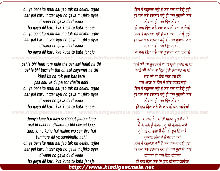 lyrics of song Dil Ye Behalta Nahin Hai, Jab Tak Na Dekhu Tujhe