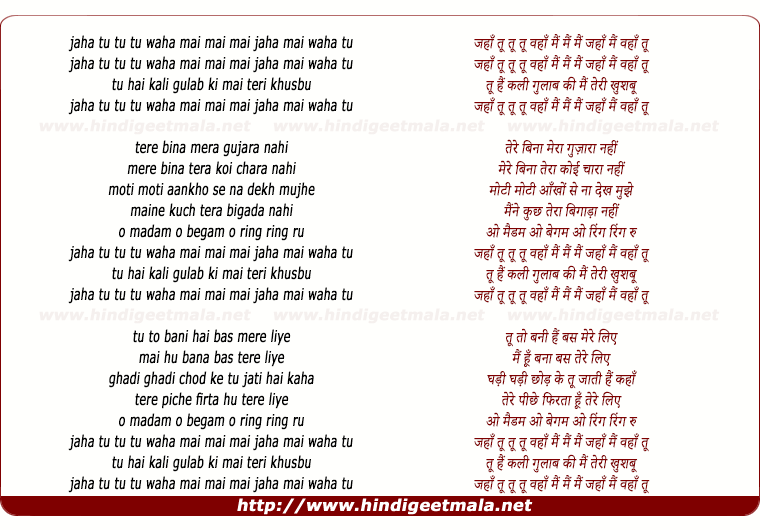 lyrics of song Jahan Tu Wahan Main Main