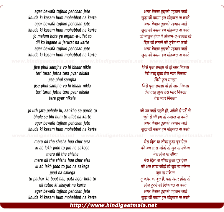 lyrics of song Agar Bewafa Tujhko Pahchan Jate (Female)