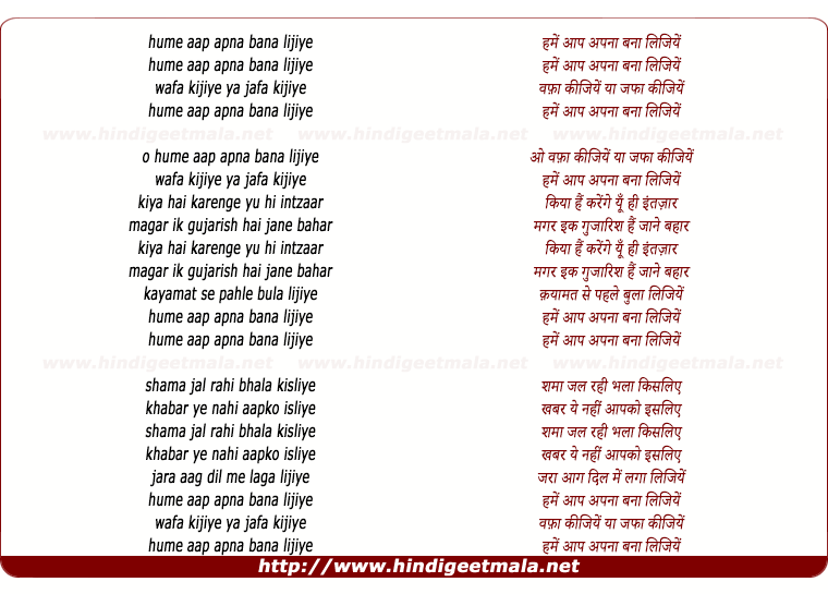 lyrics of song Hume Aap Apna Bana Lijiye