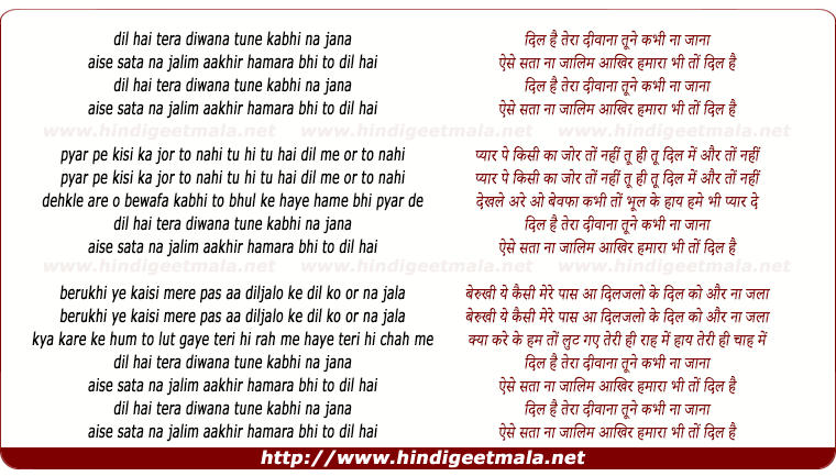 lyrics of song Dil Hai Tera Deewana Tune Kabhi Na Jaana