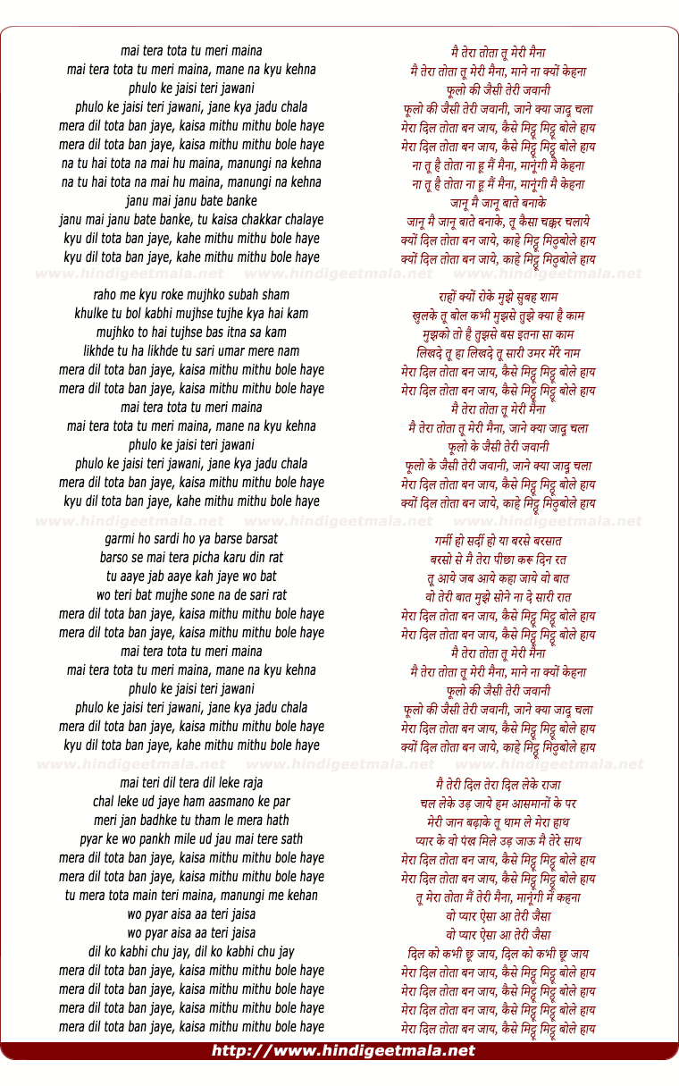 lyrics of song Mai Tera Tota, Tu Meri Maina