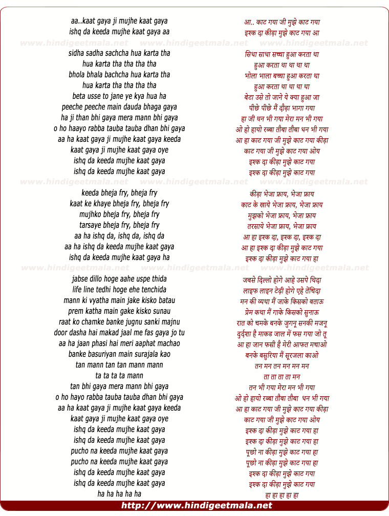 lyrics of song Ishq Da Keeda Mujhe Kaat Gaya