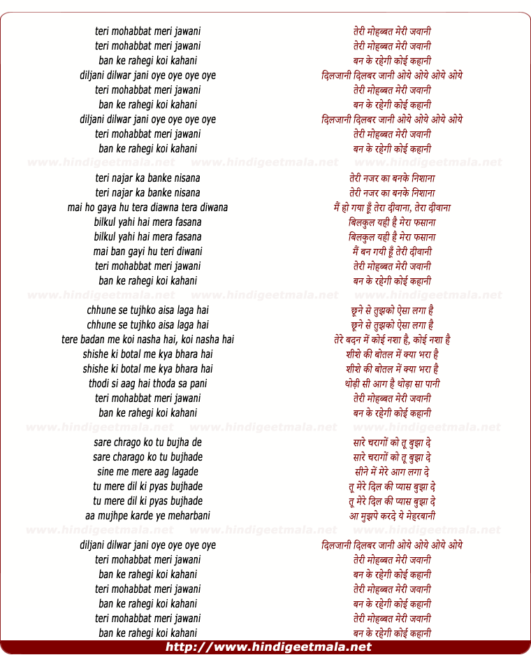 lyrics of song Teri Mohabbat Meri Jawani