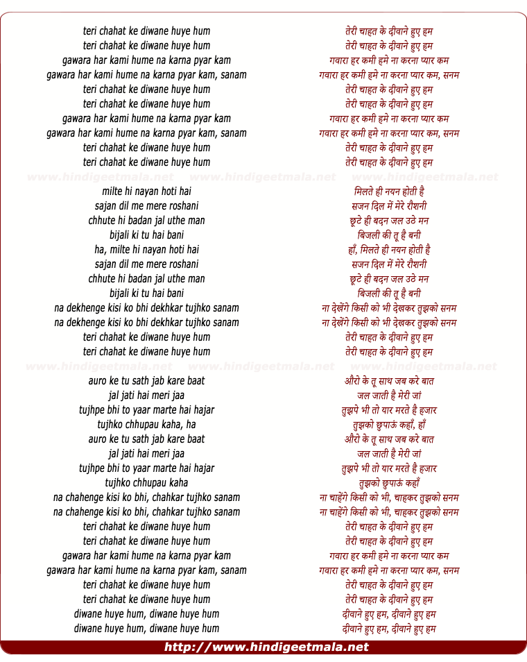 lyrics of song Teri Chahat Ke Diwane Huye Hum