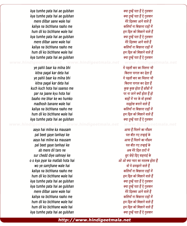 lyrics of song Kya Tumhe Pata Hai A Gulshan