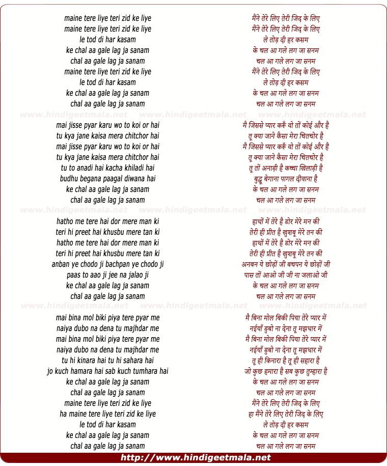 lyrics of song Maine Tere Liye Teri Zid Ke Liye