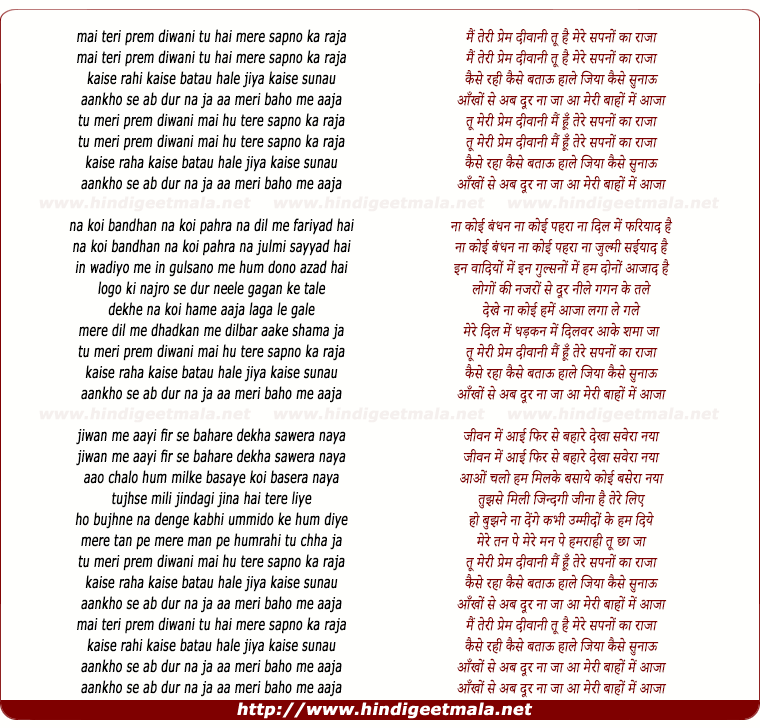 lyrics of song Mai Teri Prem Deewani Tu Hai Mere Sapano Ka Raja