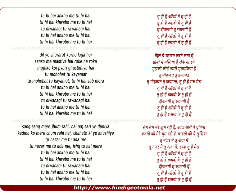 lyrics of song Tu Hi Hai (Female)