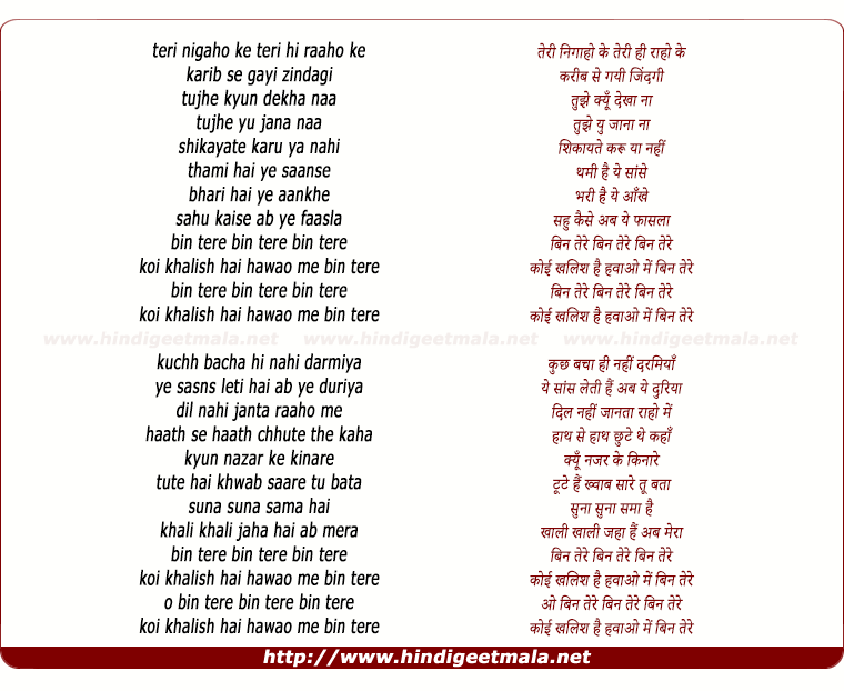 lyrics of song Bin Tere (Reprise)