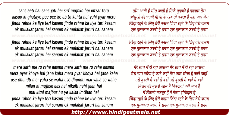lyrics of song Ek Mulaqat Zaruri Hai Sanam