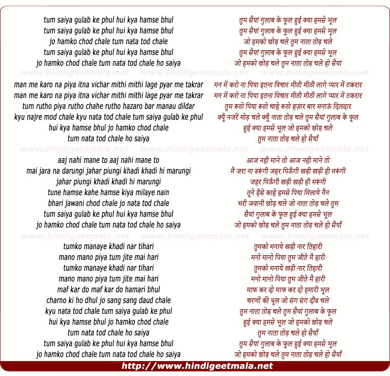 lyrics of song Tum Saiya Gulab Ke Phool