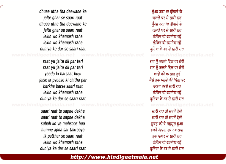 lyrics of song Dhua Utha Tha Diwane Ke Jalte Ghar Se