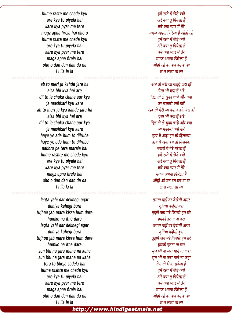 lyrics of song Hame Raste Me Chhede Kyo