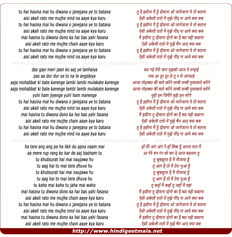 lyrics of song Tu Hai Hasina Mai Hu Diwana