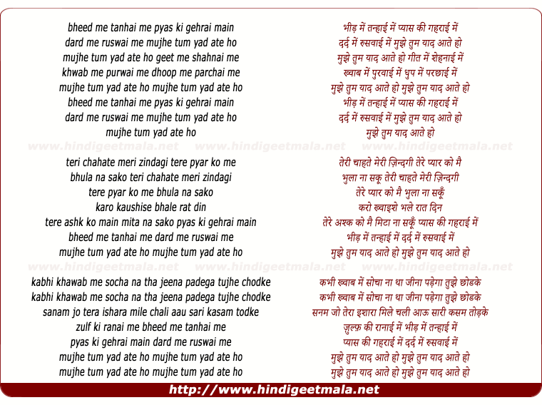 lyrics of song Bheed Me Tanhai Me Pyas Ki Gehrai Me