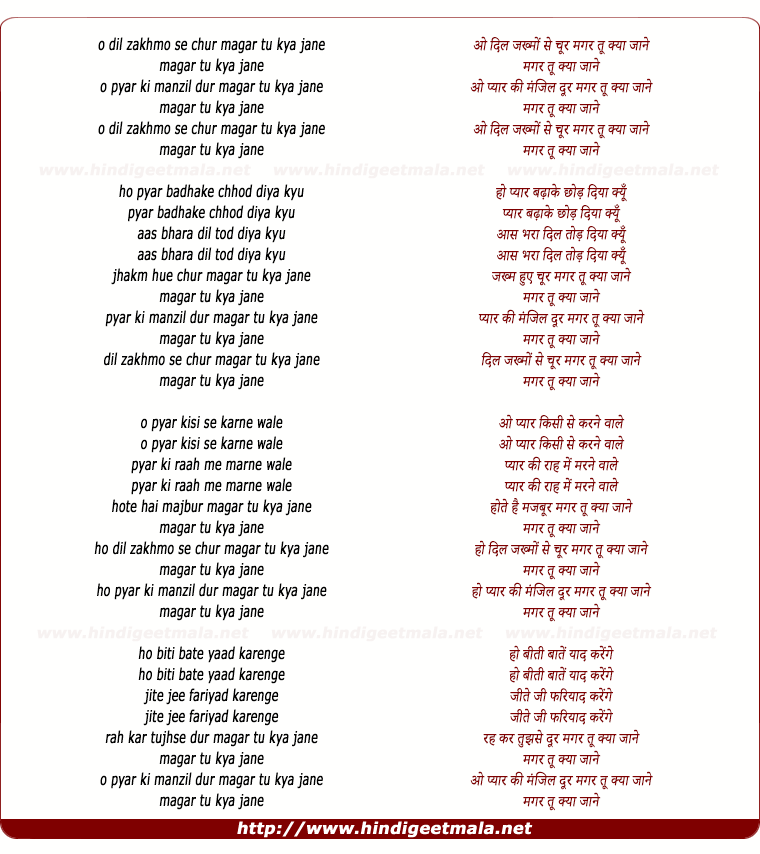 lyrics of song Dil Zakhmo Se Chur Magar Tu Kia Jane